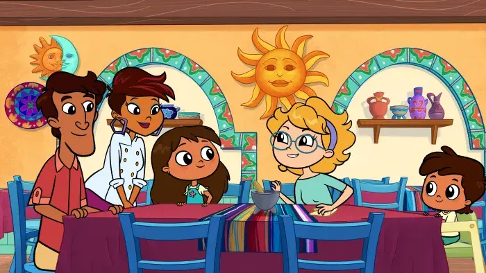 Rosie's Rules: Characters sit at a table in a decorated dining area.