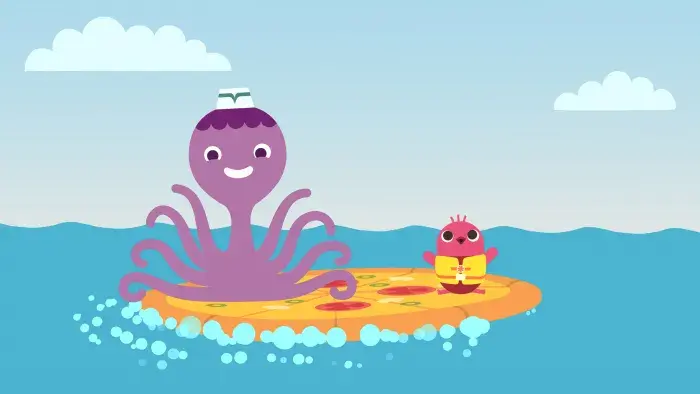 Sago Mini Friends: A character sits on a doorstep with a white cat.