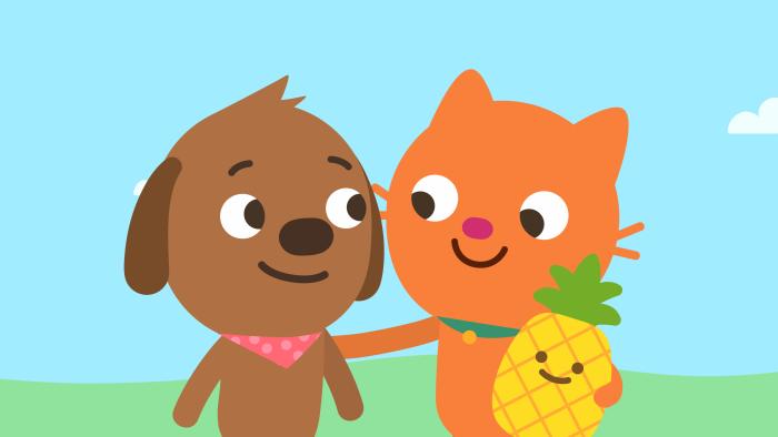 Sago Mini Friends: Two characters dance happily indoors.