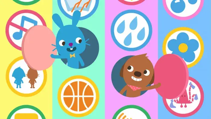 Sago Mini Friends: Two characters pose with arms raised looking out of windows.