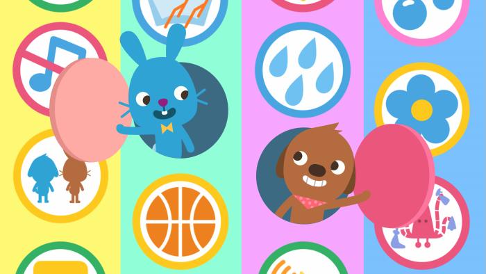 Sago Mini Friends: Two characters pose with arms raised looking out of windows.