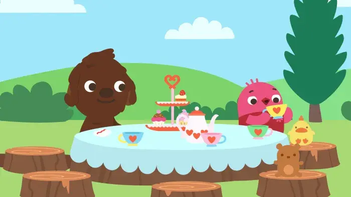 Sago Mini Friends: Characters sit at a table in a sun-themed dining area.