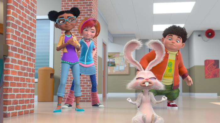 Sadie and her friends in the school hallway with Gilbert in front of them 