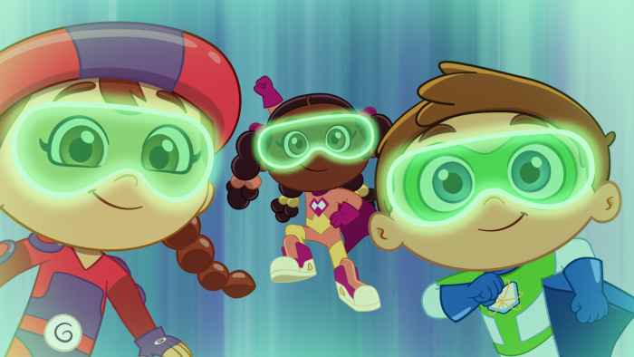 Super Why's Comic Book Adventures: Three characters in green goggles appear ready for action.