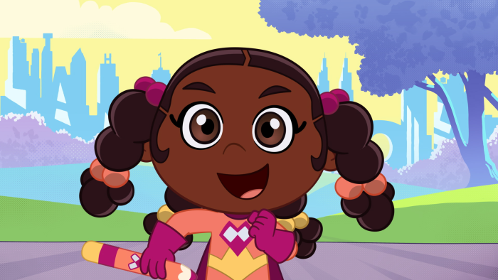 Super Why's Comic Book Adventures: A character with pigtails looks excited outdoors.