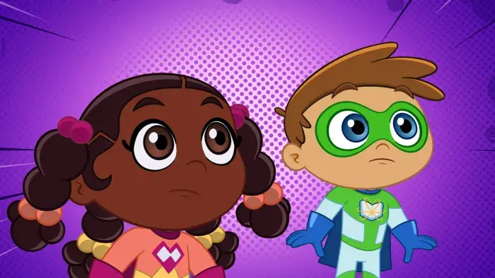 Super Why's Comic Book Adventures: Two characters look upward, one with pigtails and one with glasses.