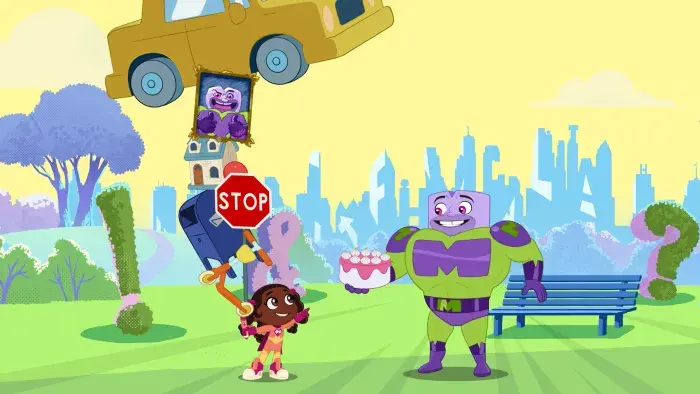 Super Why's Comic Book Adventures: Characters near a stop sign and bench, one signals to stop traffic.