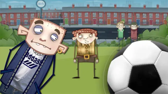 Characters from Teenology playing soccer