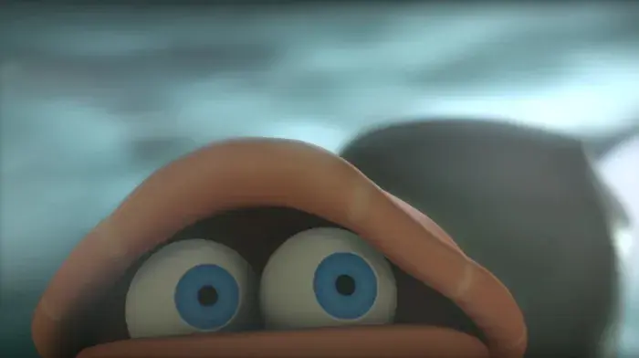 Close-up of a cartoon crab character with large blue eyes peeking out nervously, set against a dark, misty background.