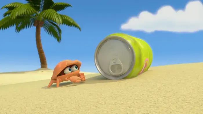 Animated crab on a sandy beach curiously looking at a green soda can, with a palm tree and blue sky in the background.
