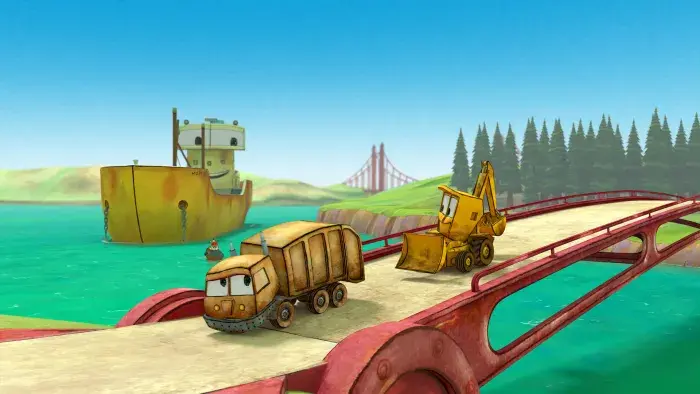 The characters Stinky and Dirty crossing over a bridge