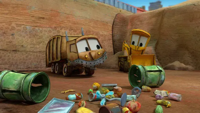 The characters Stinky and Dirty with some old tins and garbage in front of them