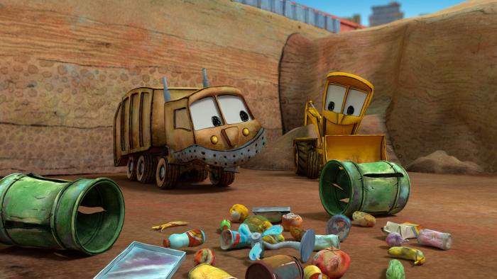 The characters Stinky and Dirty with some old tins and garbage in front of them