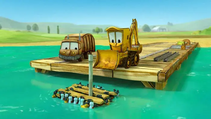 The characters Stinky and Dirty standing on a wooden pier