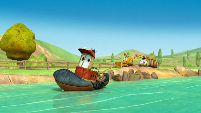 The characters Stinky and Dirty following a tug boat