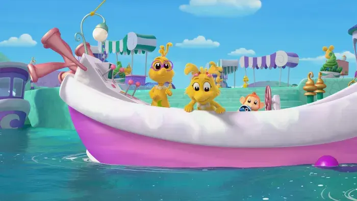 Several Sneetches on a boat in a carnival-like setting with water rides and tents.