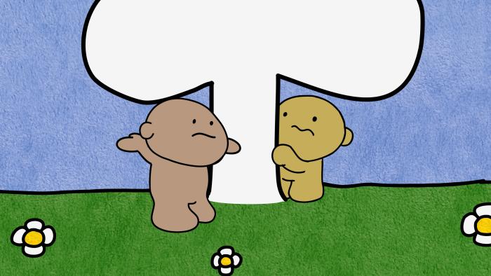 Two characters from Wobblyland. One is shrugging and one is standing behind a white tree