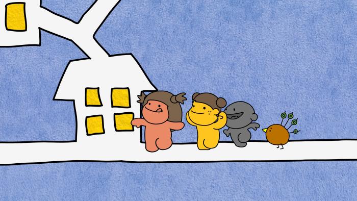 Wobblyland characters in front of a house