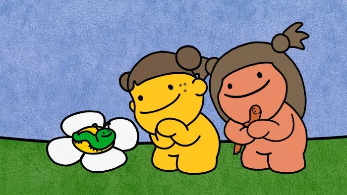 Molly looks over Lellos shoulder at a caterpillar on a flower