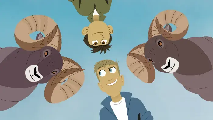 Still from Wild Kratts: Chris and Martin having a brainstorm with rams.