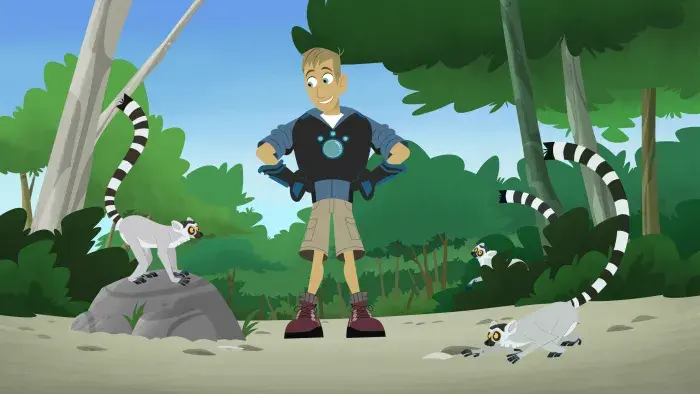 Still from Wild Kratts: Martin with animals outside.