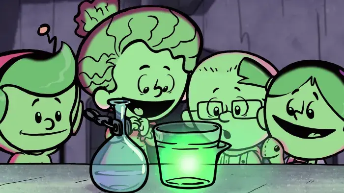 Still from Xavier Riddle and the Secret Museum: Trio in lab coats and goggles holding glowing green beakers.