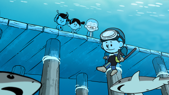 Still from Xavier Riddle and the Secret Museum: Xavier, Yadina, and Brad standing on a dock watching a diver underwater.