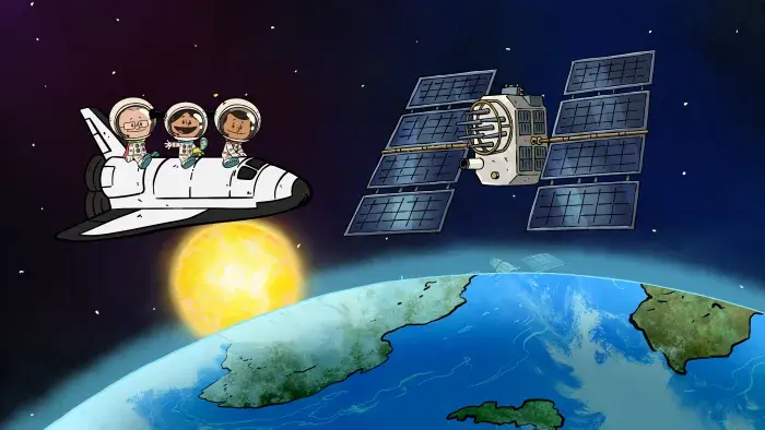 Still from Xavier Riddle and the Secret Museum: Xavier, Yadina, and Brad on a rocket ship in space flying near a satellite. 