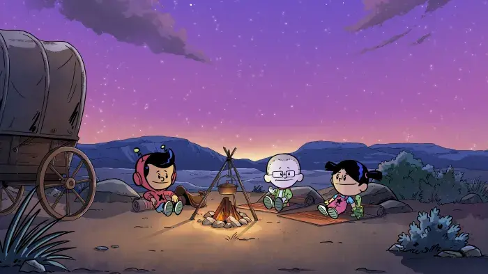 Still from Xavier Riddle and the Secret Museum: Sitting in a filed under starry sky.