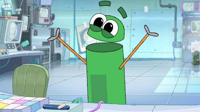 StoryBots: Answer Time: A green character holds tools, working on repairs in a lab.