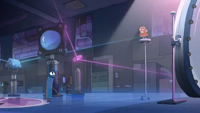 StoryBots: Answer Time: Two characters stand on stage under spotlights.