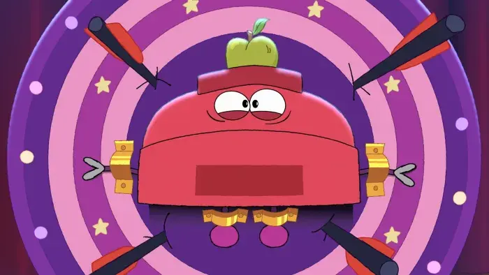 StoryBots: Answer Time: A red rectangular character inside a mechanical or game show setup.