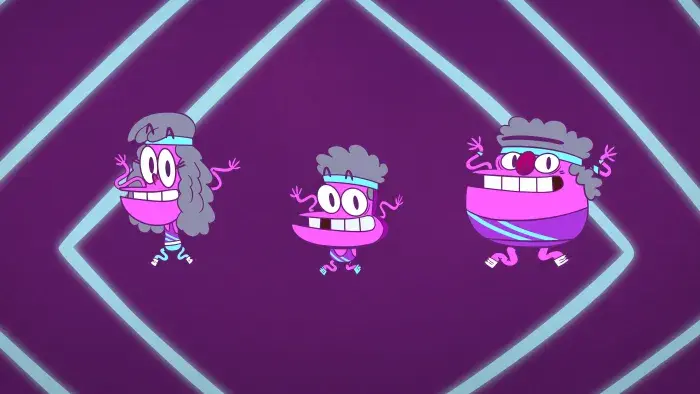 3 Amigonauts episodic still - three characters exercise on a purple background