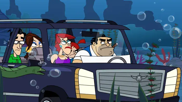 Fugget About It - Episodic Still - Family in car swims with fishes.