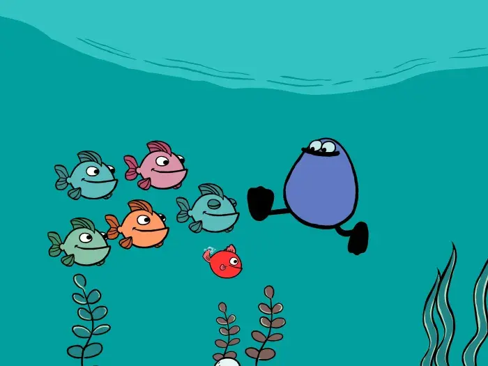 Peep and the Big Wide World - Episodic Still - Bird underwater with fish.