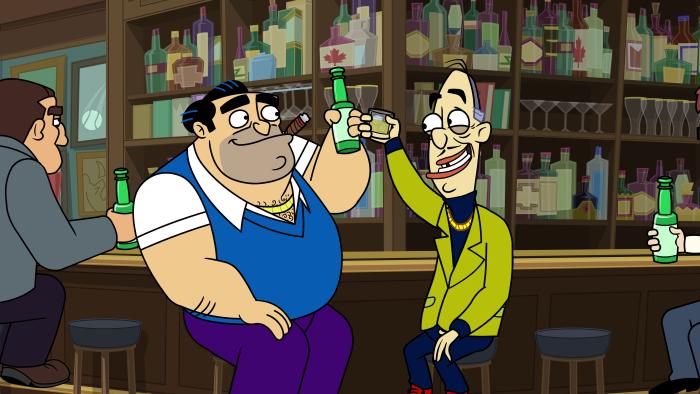 Fugget About It - Episodic Still - Jimmy and Cheech toast in a bar.