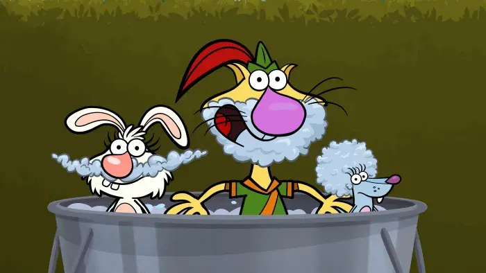 Nature Cat - Episodic Still - Nature Cat looks surprised in a bubble beard in a tub with his friends.
