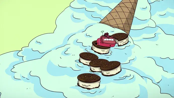 3 Amigonauts episodic still - three characters stuck in a stream of ice cream