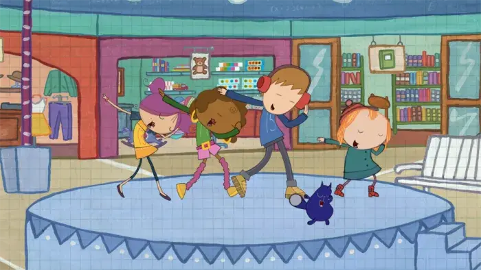Peg + Cat - Episodic Still - Peg and Cat and friends dance together.