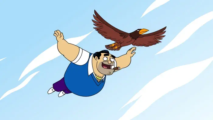 Fugget About It - Episodic Still - Jimmy flies with an eagle.