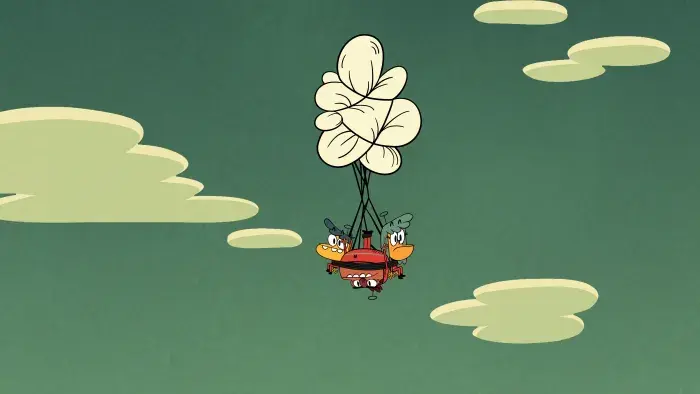 3 Amigonauts episodic still - three characters hang in sky from a balloon