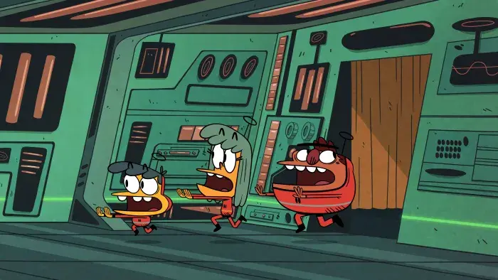 3 Amigonauts episodic still - three characters running on spaceship deck