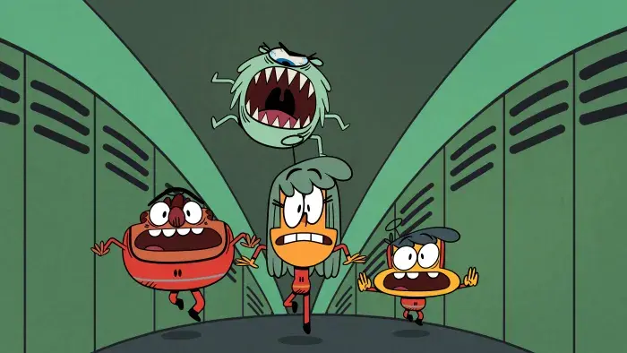3 Amigonauts episodic still - three characters running from a monster