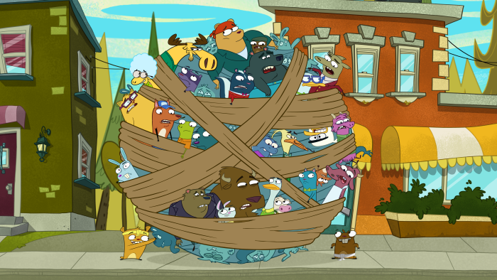 Numb Chucks - Episodic Still - Numb Chucks and whole community rolled in a giant ball of twine.