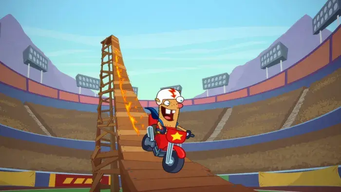 Almost Naked Animals episodic still - Tall ladder in a stadium setting with a character climbing, surrounded by empty seats.