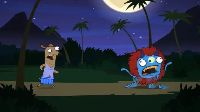 Almost Naked Animals episodic still - Blue character and another animal standing in a dark jungle at night, moonlight visible.