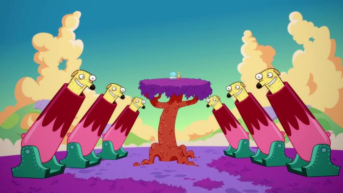 Almost Naked Animals episodic still - Bright stage with pink and red spotlights, two characters performing in front of an audience.