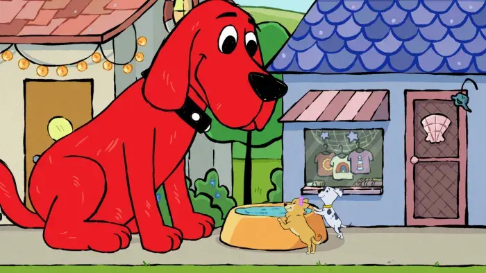 Clifford the Big Red Dog - Episodic Still - Clifford hangs out with a little dog in front of his water bowl.
