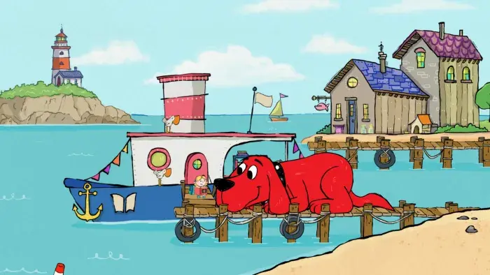 Clifford the Big Red Dog - Episodic Still - Clifford hangs out with his friend Emily Elizabeth near a boat.