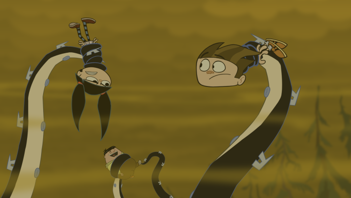 Camp Lakebottom – Episodic Still – Two long-necked swamp creatures glaring at campers in a muddy clearing.